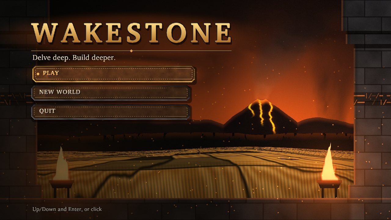 The Wakestone title screen: a stone gateway with burning braziers looking out over golden fields toward a smoking volcano